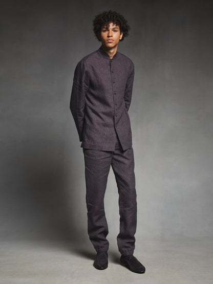 Indigo Pinstriped Linen Mandarin Suit