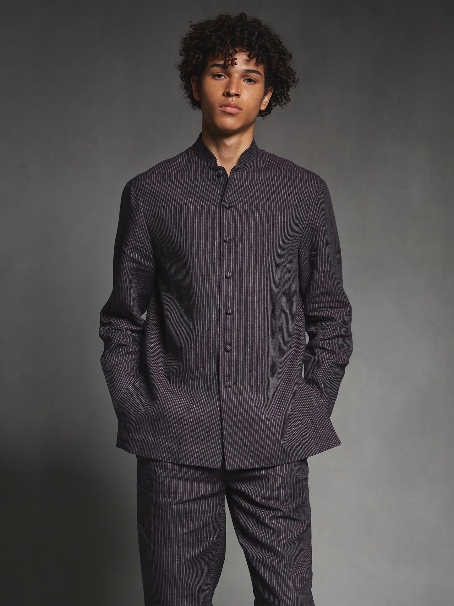 Indigo Pinstriped Linen Mandarin Suit