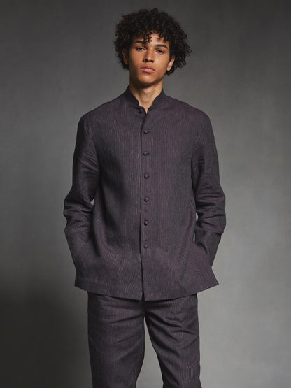 Indigo Pinstriped Linen Mandarin Suit