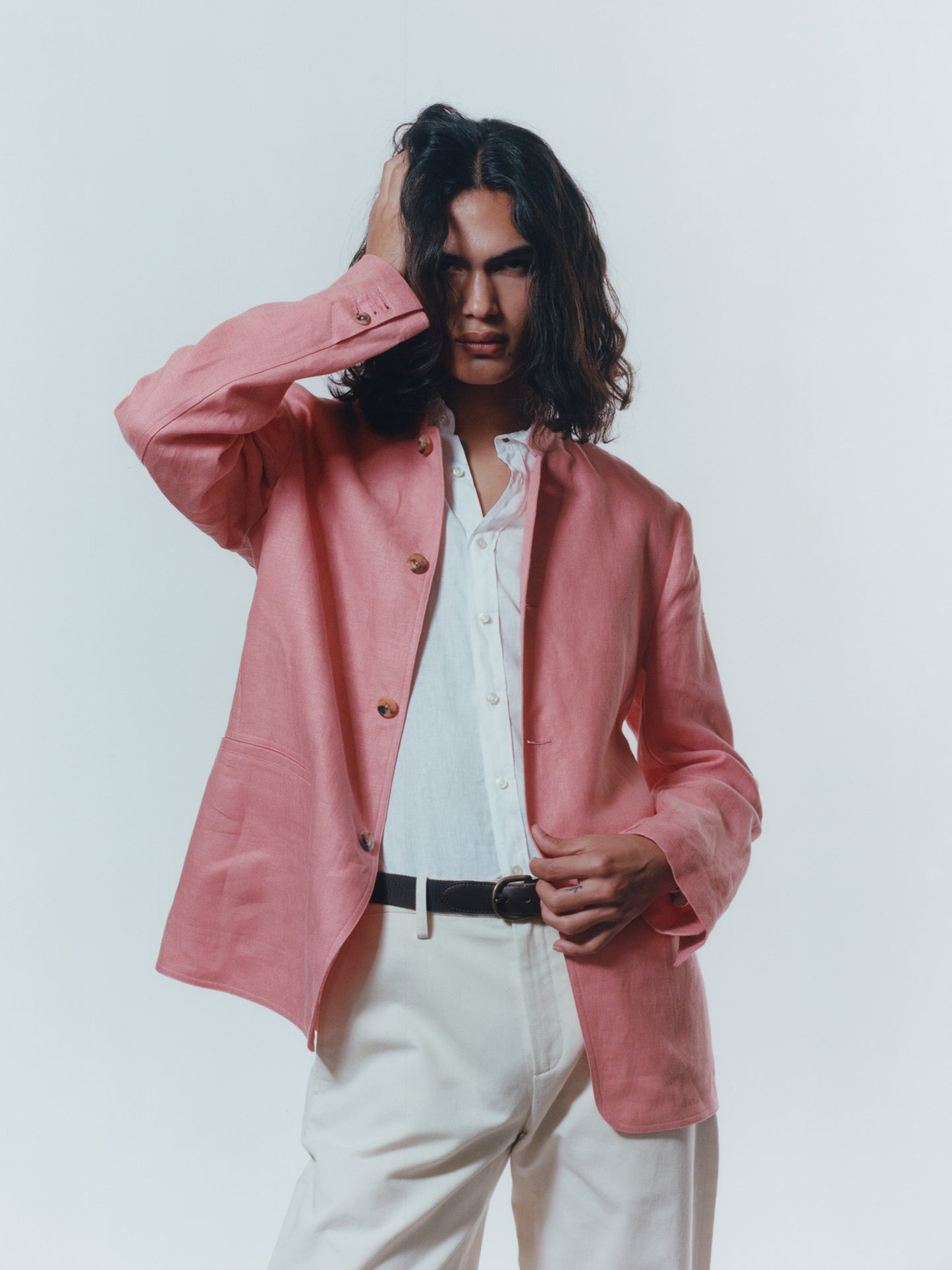 Pink Relaxed Linen Nehru Jacket