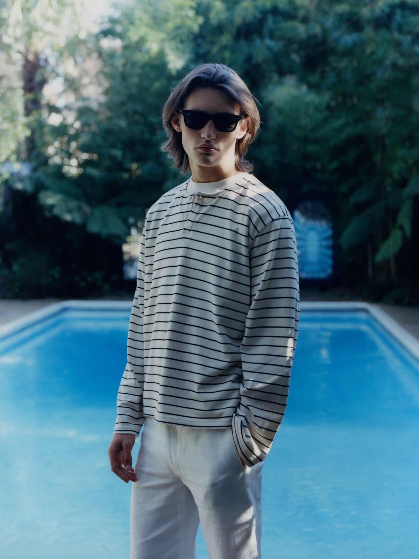 Cream and Black Striped Long Sleeve Henley Shirt