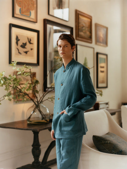 Teal Blue Relaxed Linen Nehru Jacket