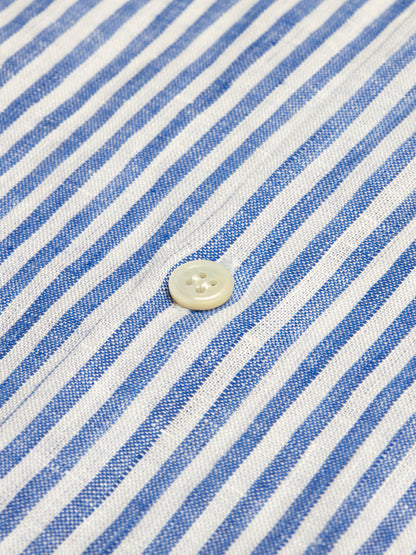 White and Blue Striped Linen Stand Collar Shirt