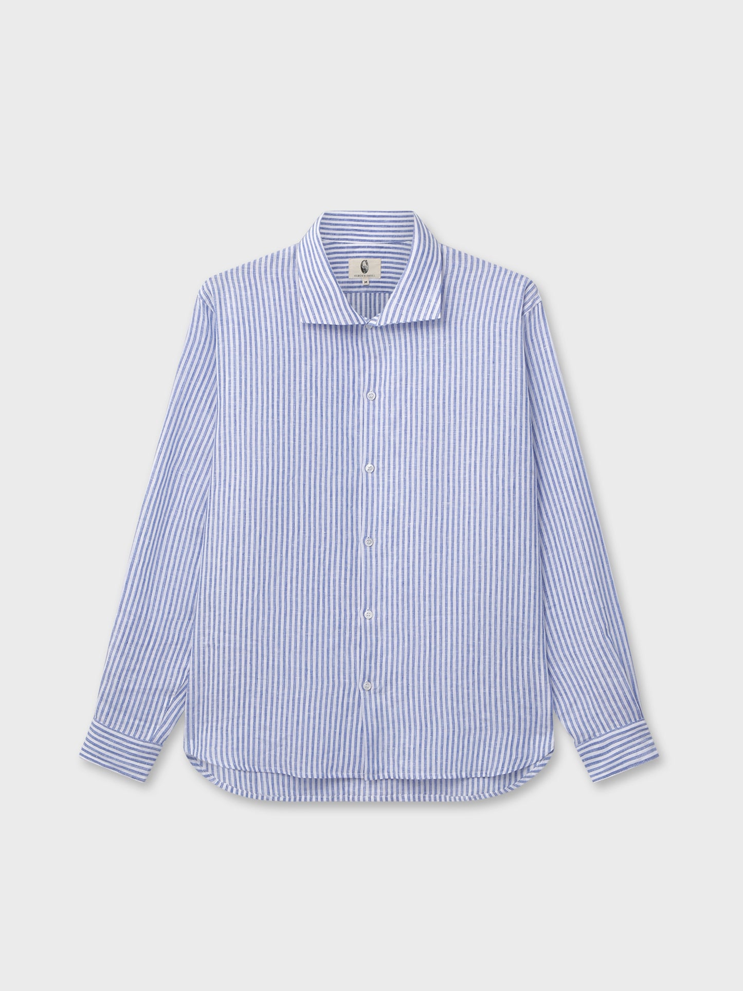 White and Blue Striped Linen Stand Collar Shirt