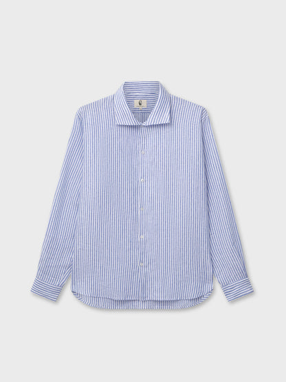 White and Blue Striped Linen Stand Collar Shirt