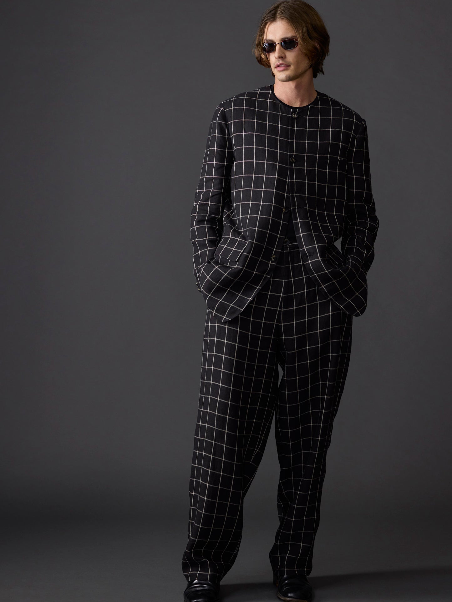 Black Windowpane Avalon Linen Collarless Jacket