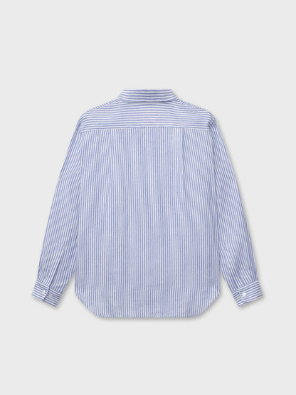 White and Blue Striped Linen Stand Collar Shirt