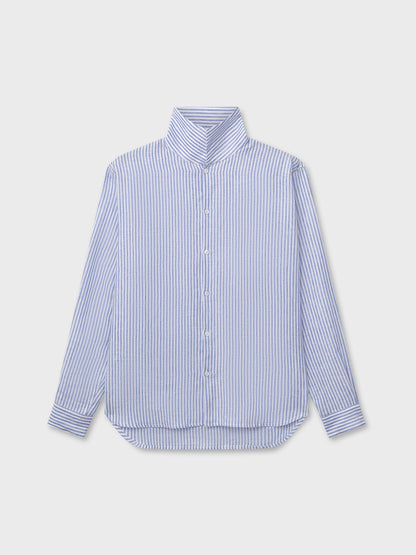 White and Blue Striped Linen Stand Collar Shirt